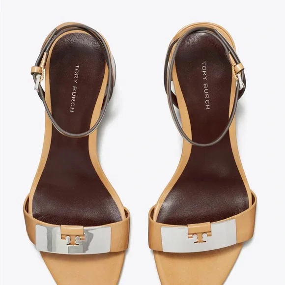 Tory Burch Gigi Tan Leather Ankle-Strap Sandals with Silver Logo Plate - Picture 1 of 7